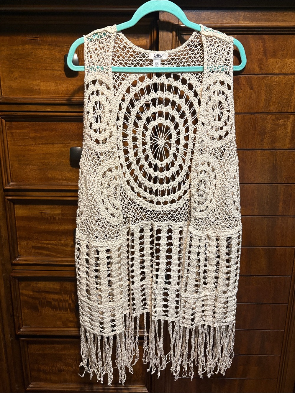 Cato Woman Cream Crochet Fringe Vest Openwork Macramé